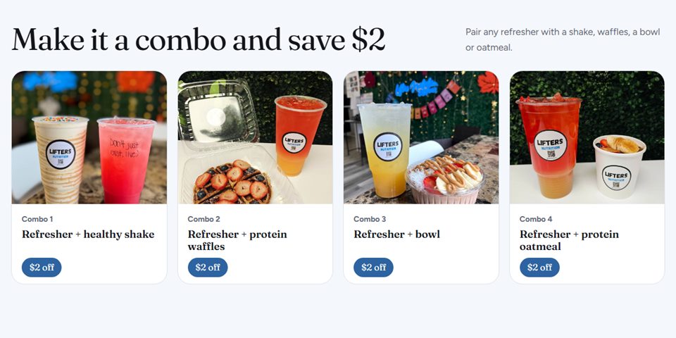 'Make it a combo and save $2' with four photo cards pairing a refresher with a shake, waffles, a bowl or oatmeal.