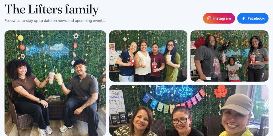 'The Lifters family' section with Instagram and Facebook buttons and a collage of customers and staff holding drinks in the shop.