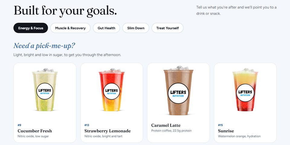 'Built for your goals' with goal buttons like Energy and Focus, and four recommended drinks with photos.