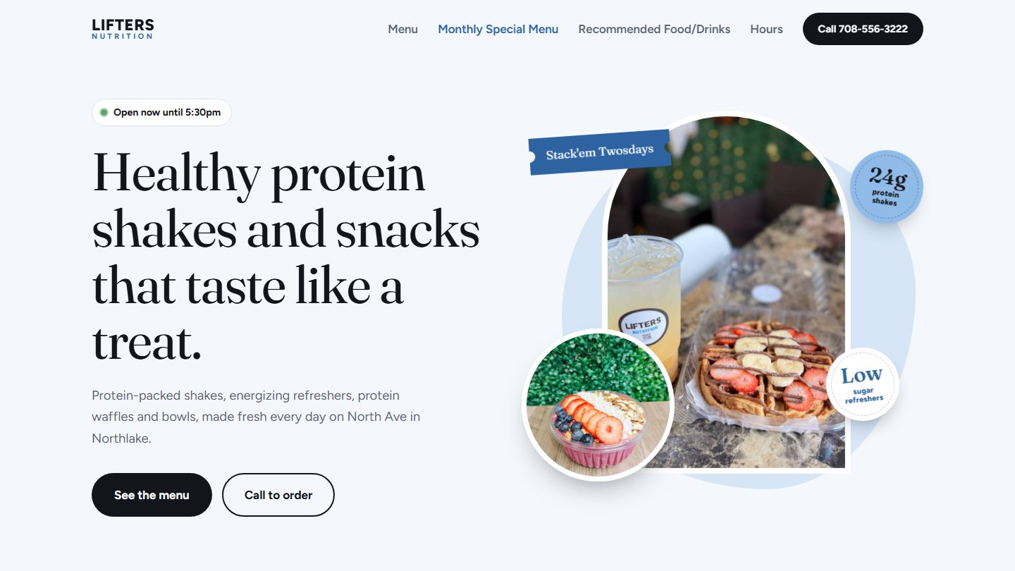 Lifters Nutrition homepage: 'Healthy protein shakes and snacks that taste like a treat', with photos of a refresher, a protein waffle and an acai bowl.